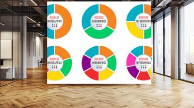 Pie chart set with 2,3,4,5,6 and 7 parts or sections. Circle diagram, graph, business presentation and chart. Modern wheel infographics template. Vector illustrations. Wall mural