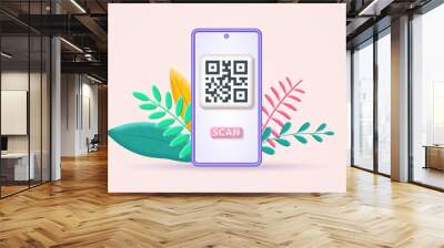 Qr code on the smartphone screen. Qr scan 3d icon. Payment with mobile phone concept. Vector illustration. Wall mural