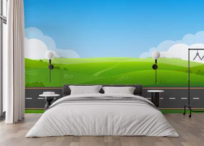 Road or highway in nature landscape with green grass, hills and blue sky. Summer or spring countryside background. Vector illustration. Wall mural