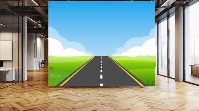 Road or highway in nature or countryside landscape with meadows, fields, green grass, hills, blue sky and horizon line. Summer or spring background with asphalt way. Vector illustration. Wall mural