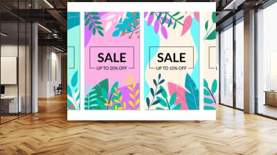 Sale banner template set with leaves for social media story. Floral discount background with price off for promo card, flyer or poster. Spring and summer backdrop for ad. Vector illustration. Wall mural