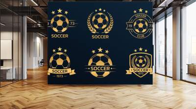 Soccer logo set with a ball. Football club or team emblem, badge, icon design. Sport tournament, league, championship gold labels. Vector illustration. Wall mural