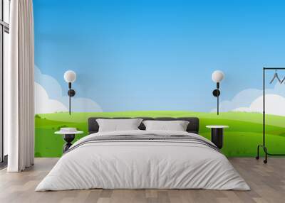 Summer landscape background. Field or meadow with green grass, flowers and hills. Horizon line with blue sky and clouds. Farm and countryside scenery. Vector illustration. Wall mural