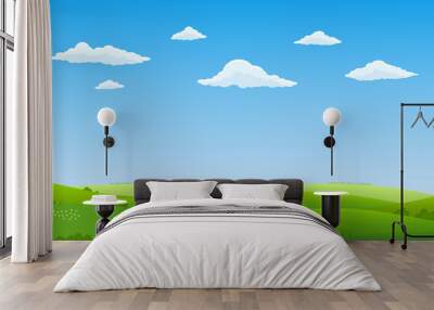 Summer landscape background. Field or meadow with green grass, flowers and hills. Horizon line with blue sky and clouds. Farm and countryside scenery. Vector illustration. Wall mural