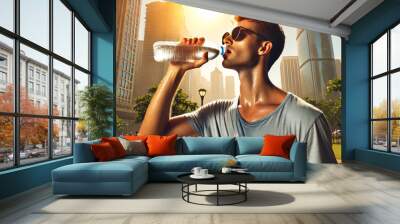 Young man drinking water thirsty and sweaty from hot weather.  Summer heat stroke, sunshine, hot weather day, high temperature in the city. Wall mural