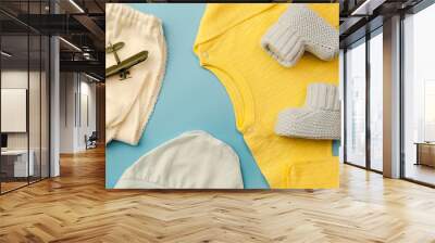 Kit of clothes for a newborn baby boy. Flatlay design. Wall mural