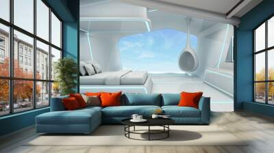 Bedroom Scifi in white space blue light pool take a view sky -3D render Wall mural