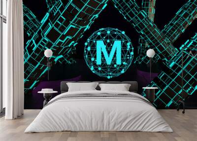 Metaverse icon connect global glow light blue concept -3D render Wall mural