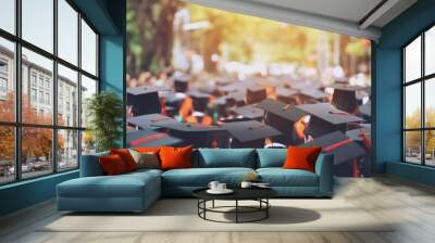 backside graduation hats during commencement success graduates of the university, Concept education congratulation. Graduation Ceremony ,Congratulated the graduates in University during commencement. Wall mural