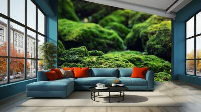 beautiful bright green moss grown up cover the rough stones and on the floor in the forest. show wit Wall mural