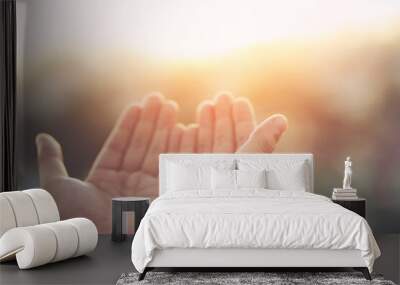 Human hands open palm up worship Praying with faith and belief in God of an appeal to the sky. Concept Religion and spirituality with believe Power of hope or love and devotion. filler tone vintage. Wall mural