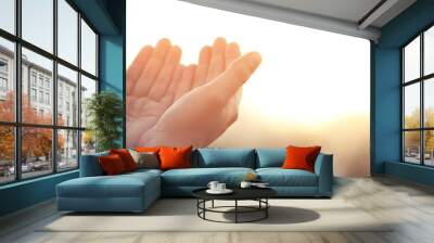 Human hands open palm up worship Praying with faith and belief in God of an appeal to the sky. Concept Religion and spirituality with believe Power of hope or love and devotion. filler tone vintage. Wall mural