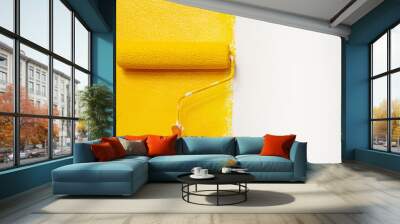 Roller Brush Painting, Worker painting on surface wall  Painting apartment, renovating with yellow color  paint. Leave empty copy space white to write descriptive text beside. Wall mural