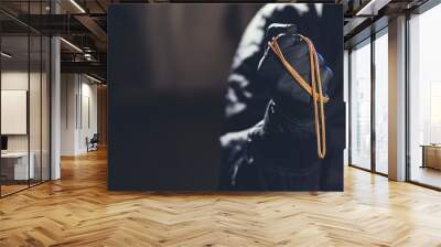 Thief robber with black glove is holding stolen gold valuable. Crime concept. Wall mural