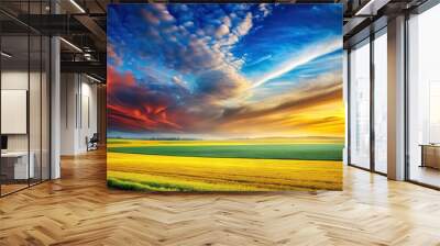 Abstract colorful landscape background farm land blue yellow orange Silhouette Wall mural