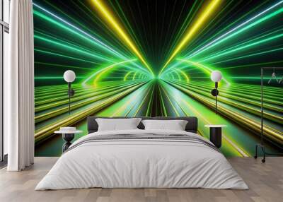 Abstract glowing neon light tracks on black background Wall mural