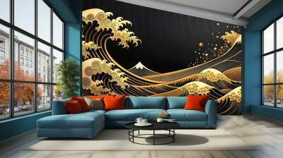 Abstract japanese style landscape with forced perspective waves in black and gold colors Wall mural