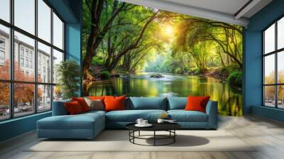 Abstract scene of gentle river in lush forest with dappled sunlight Wall mural