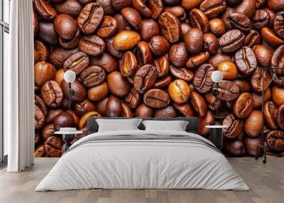 Aerial closeup view of freshly roasted robusta and arabica coffee beans Wall mural