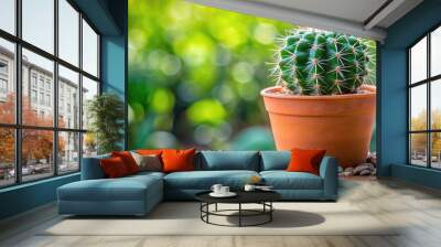 Aerial view of a cactus in a small pot on natural background Wall mural