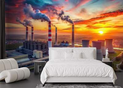 Aerial view of thermal power plant chimneys at sunset Wall mural