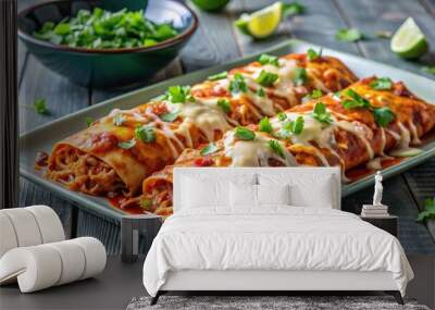 Plate of homemade enchiladas with shredded chicken smothered in red enchilada sauce and melted cheese Wall mural