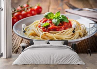 Plate of pasta with tomato sauce and basil leaves Wall mural