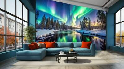 Silhouette of northern lights and arctic river in a forest Wall mural