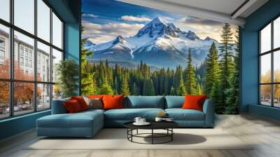 Snowy forest mountain landscape with blurred snowy mountain background Wall mural