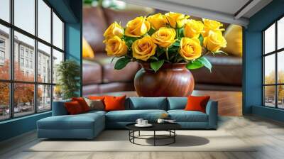 Symmetrical arrangement of yellow roses in brown vase on coffee table Wall mural