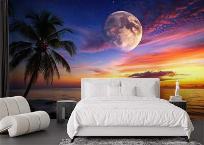 Tropical sunset night landscape with moon Wall mural