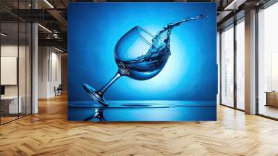 Wine glass spilling liquid on blue background with water droplets fisheye Wall mural