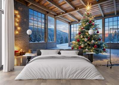 Winter celebration in snowy building with Christmas tree Wall mural