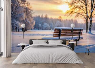 Winter landscape with bench in macro view Wall mural