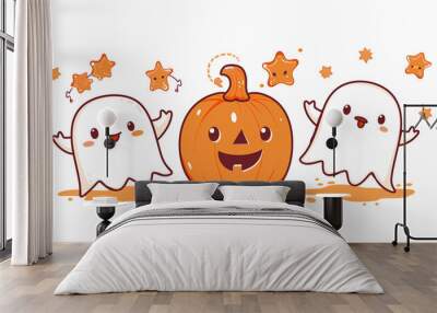 kawaii halloween pumpkin jack o lantern and ghosts Wall mural