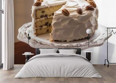 Lady Baltimore Cake with Pecans on a Cake Stand, generative ai Wall mural