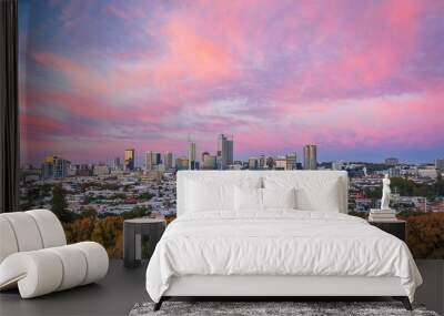 Aerial view of the skyline of Brisbane, Australia with a colorful and vibrant sky as the background Wall mural