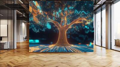 A digital tree representing growth and technology, intertwining nature with data visualization and futuristic elements. Wall mural