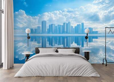 A stunning view of a modern city skyline reflecting on calm water under a bright blue sky filled with fluffy clouds. Wall mural