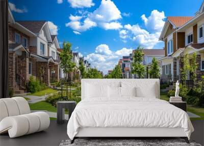 Beautiful suburban neighborhood with modern houses, lush greenery, and a clear blue sky. Perfect summer day in a peaceful community. Wall mural