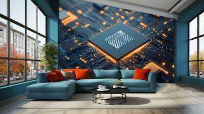 Close-up of a microchip on a circuit board, illuminated by LED lights, showcasing modern technology and digital communication. Wall mural