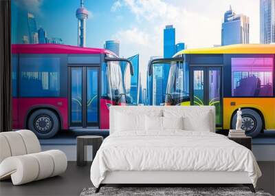 Colorful city buses parked in futuristic urban setting with modern skyscrapers under a bright blue sky. Wall mural