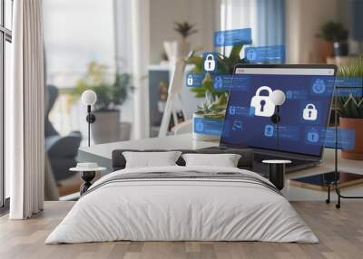 Laptop on desk with digital lock icons displaying data security and privacy concept in modern office setting. Wall mural