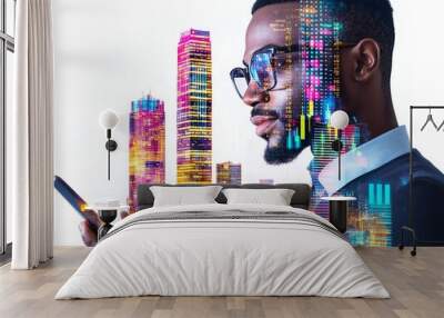 Man using smartphone with futuristic digital city overlay. Concept of technology, innovation, and smart cities. Wall mural