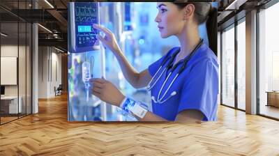 Nurse in uniform adjusting medical equipment in hospital setting, demonstrating healthcare technology and patient care professionalism. Wall mural