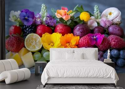 Vibrant array of fresh fruits and colorful flowers on a marble surface, creating a stunning and refreshing aesthetic for any setting. Wall mural