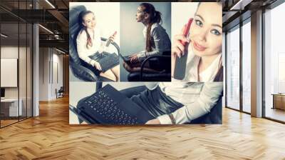 collage of beautiful young woman using notebook and cell phone in an abstract office Wall mural