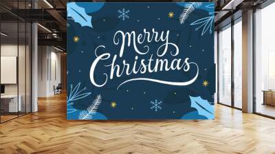 Merry christmas lettering with winter floral background flat design Wall mural