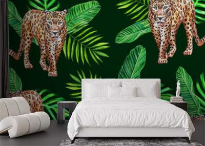 Leopard watercolor pattern on a dark green background with tropical leaves. Illustration. Template. Hand drawn. Animal design.
 Wall mural