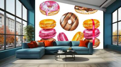 Set of  desserts: donuts, macaroons. Realistic colorful illustration. Design idea for menu, logo, greeting card, prints and more. Template. Closeup. Hand drawn.

 Wall mural